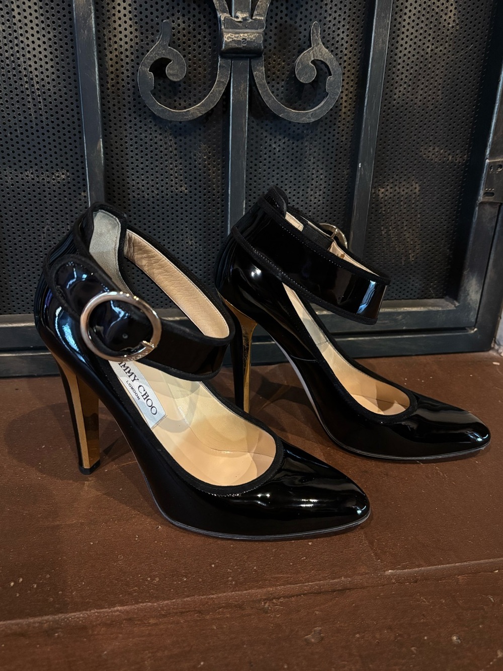 Jimmy Choo Black Patent Leather Heels with Buckle